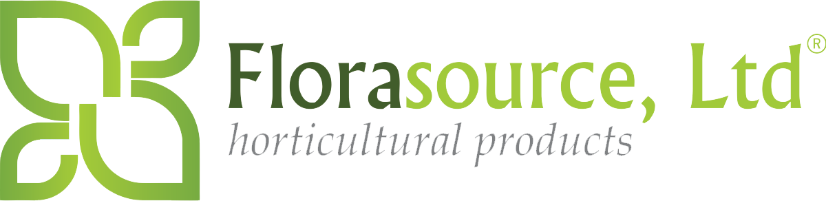 Logo for Florasource, Ltd, featuring a green abstract icon on the left and a green wordmark with the gray tagline 'horticultural products'